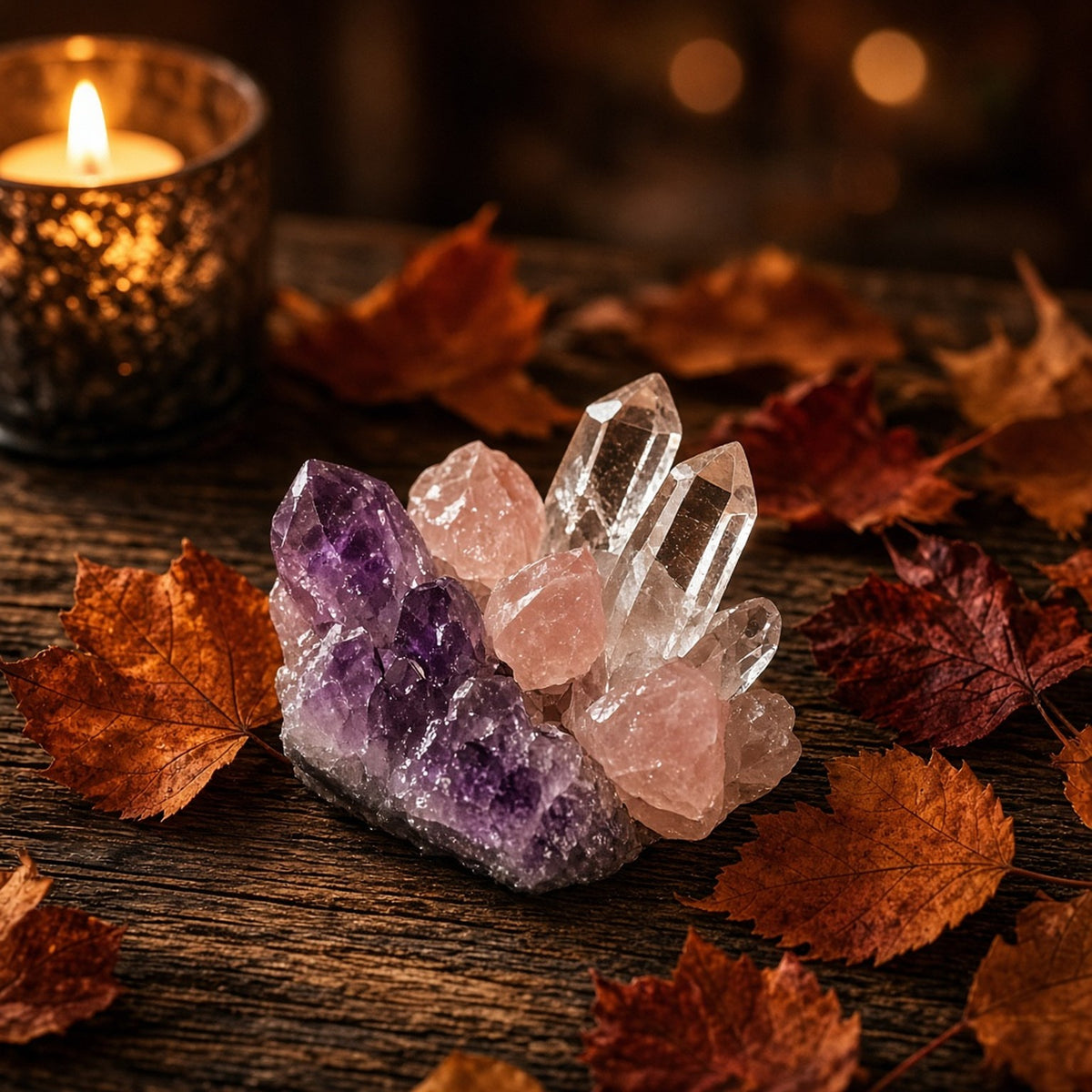 Amethyst, rose quartz and clear quartz crystals with autumn leaves - crystals UK