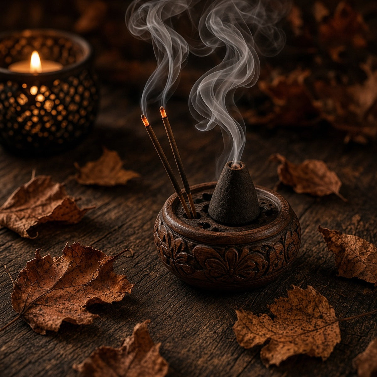 Incense sticks and backflow cone in a carved holder - incense UK