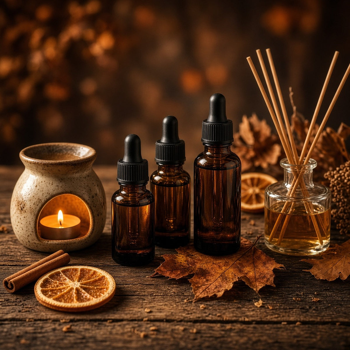 Essential oil bottles, reed diffuser and oil burner - essential oils UK