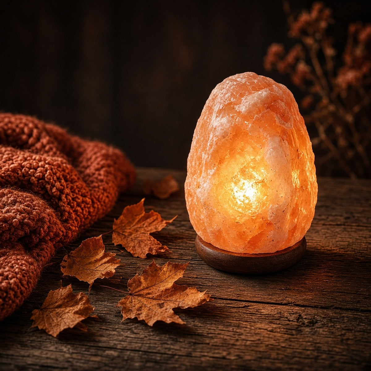 Glowing Himalayan salt lamp with autumn leaves - salt lamps UK