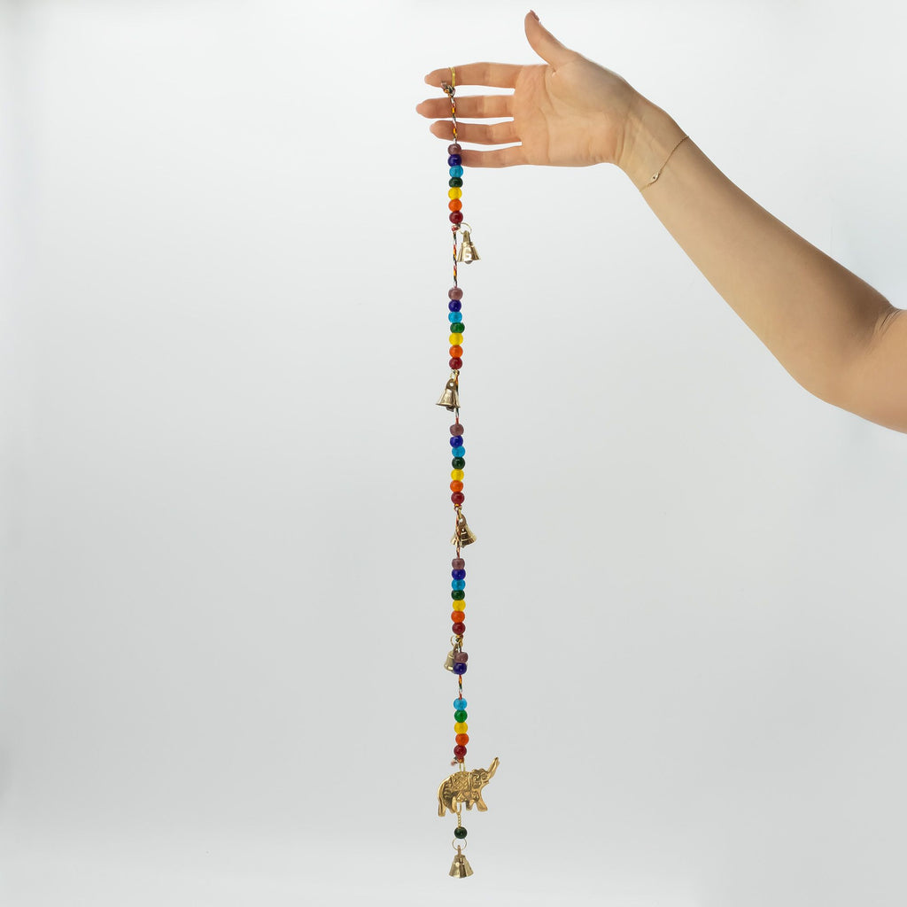 Indian Chimes – Brass Elephant with Chakra Beads String Bells 53cm, NooEdge UK