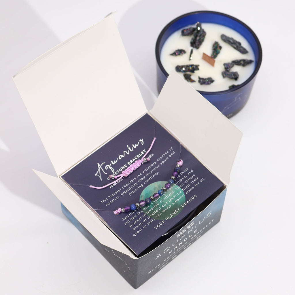 Zodiac Crystal Candle with Gemstone Bracelet – Aquarius detail, NooEdge UK
