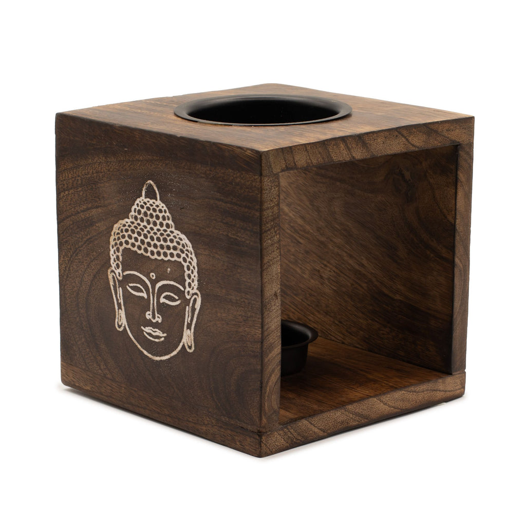 Large Square Mango Wood Oil Burner – Buddha Face – NooEdge UK