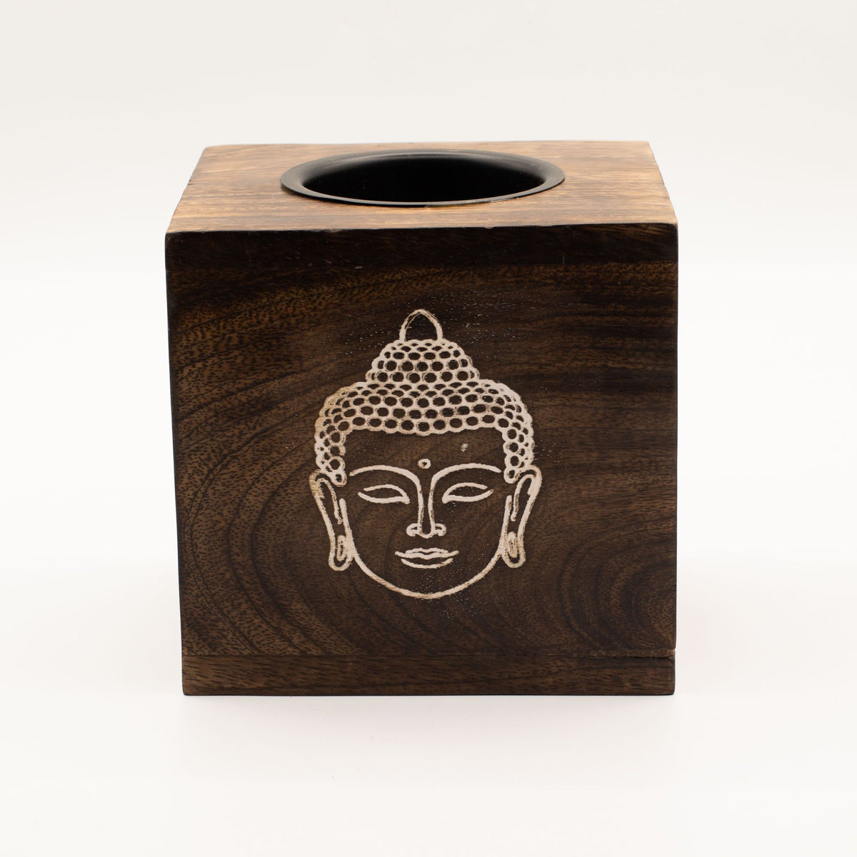 Large Square Mango Wood Oil Burner – Buddha Face close-up, NooEdge UK