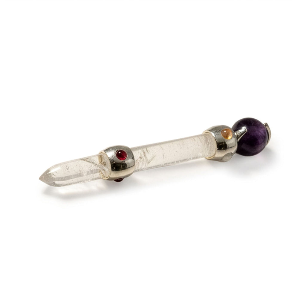 Celestial Prism Wand – Amethyst Moving Crystal Sphere Quartz Stem 12cm detail, NooEdge UK