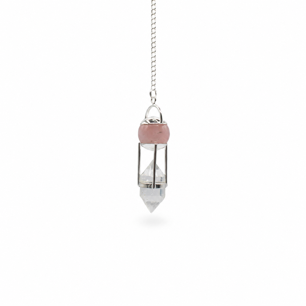 The Heart Whisperer – Double Power Pendulum Rose Quartz Globe Clear Qu close-up, NooEdge UK