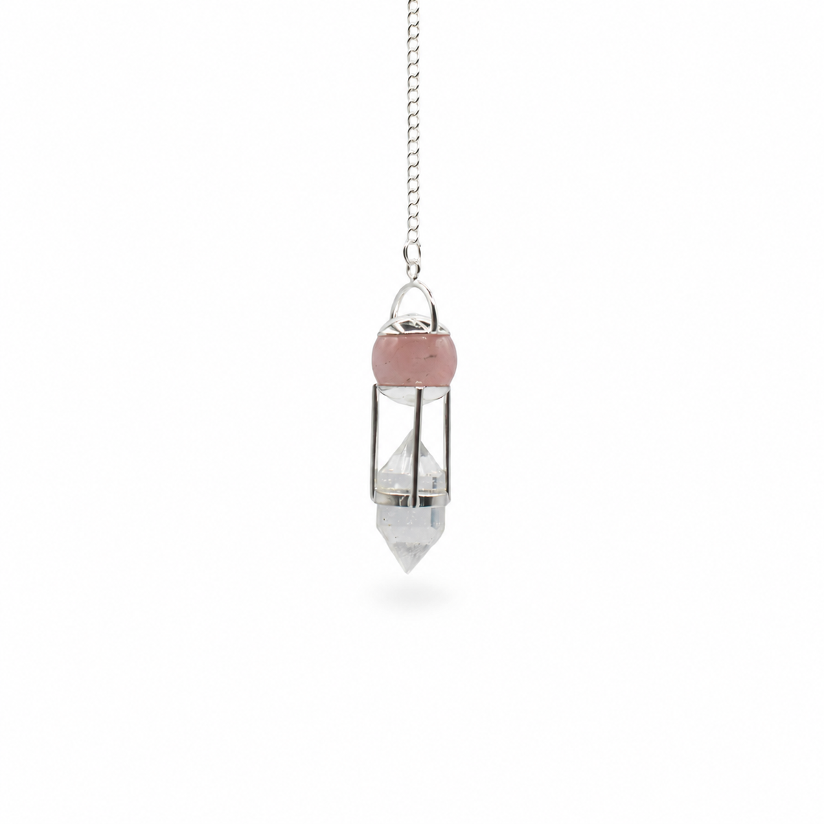 The Heart Whisperer – Double Power Pendulum Rose Quartz Globe Clear Qu close-up, NooEdge UK