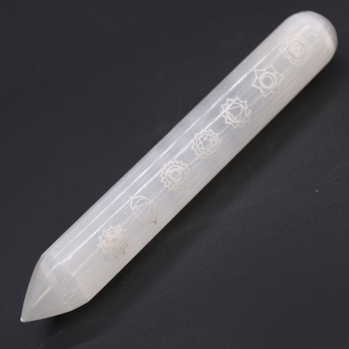 Selenite Wand – 16 cm (Point one End) 7 Chakra close-up, NooEdge UK