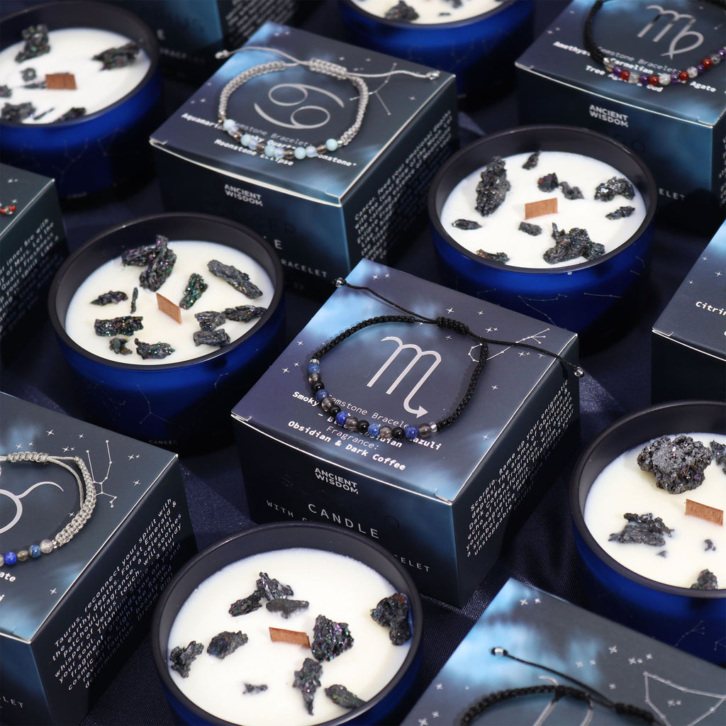 Zodiac Crystal Candle with Gemstone Bracelet – Aquarius close-up, NooEdge UK