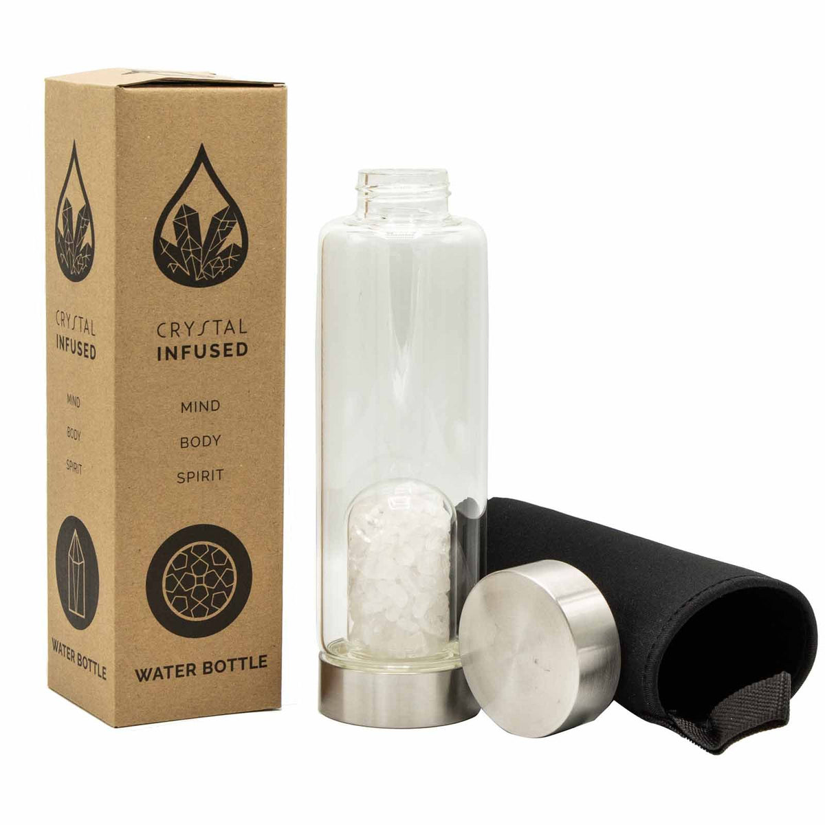 Clear Quartz Crystal Infused Glass Water Bottle – alternate angle, NooEdge UK