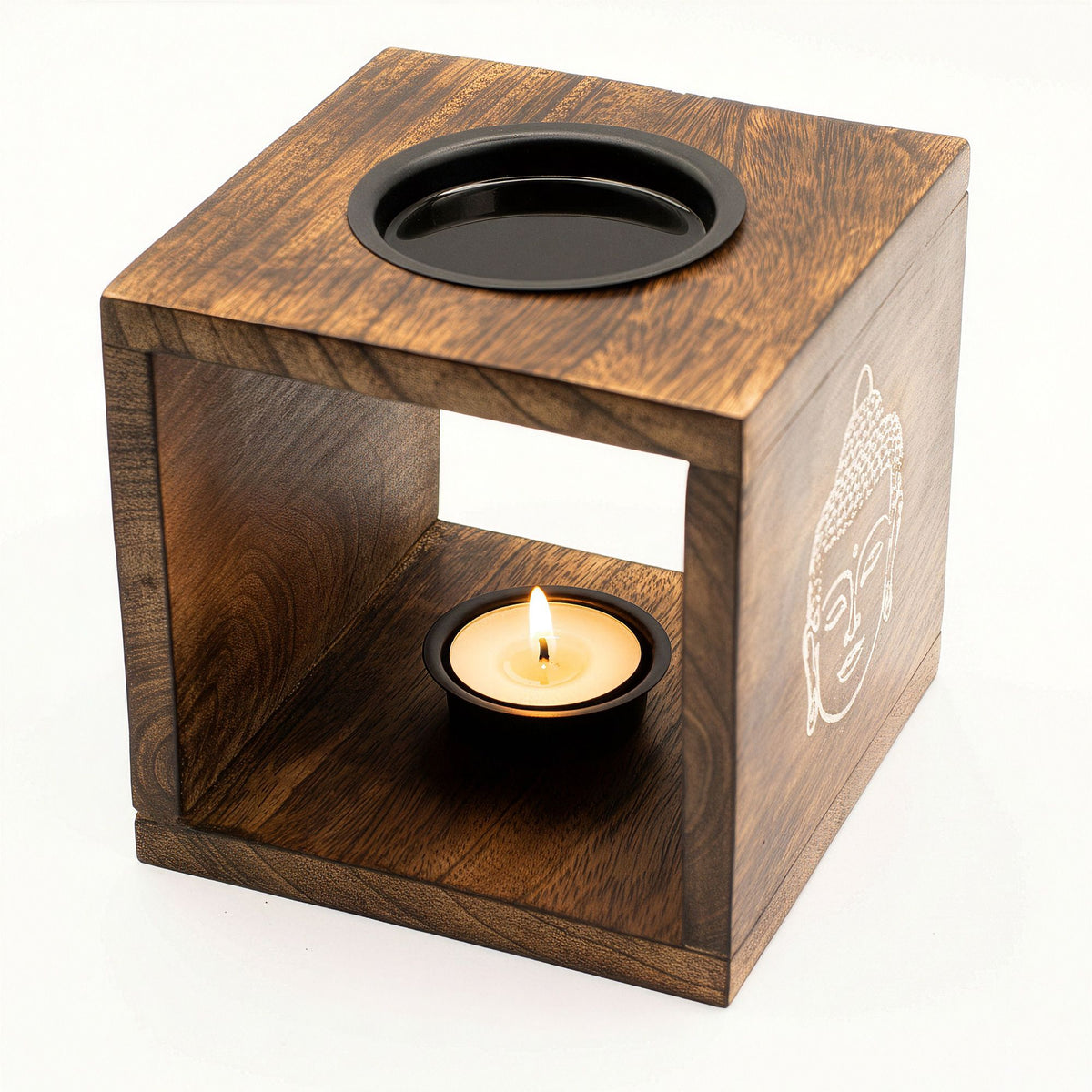 Large Square Mango Wood Oil Burner – Buddha Face alternate view, NooEdge UK