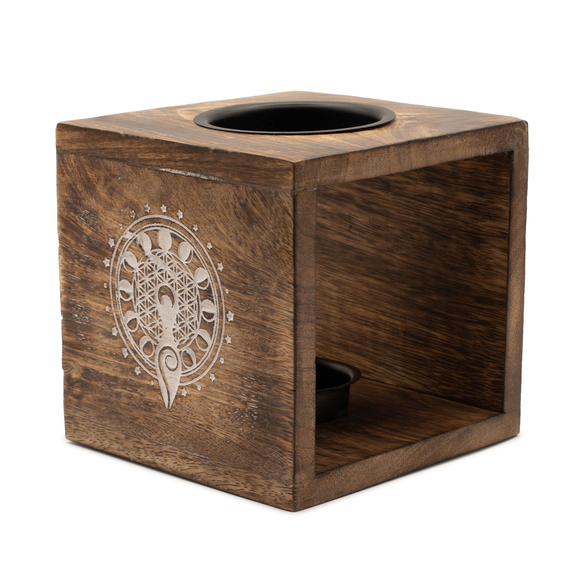 Large Square Mango Wood Oil Burner – Moon Goddess – NooEdge UK