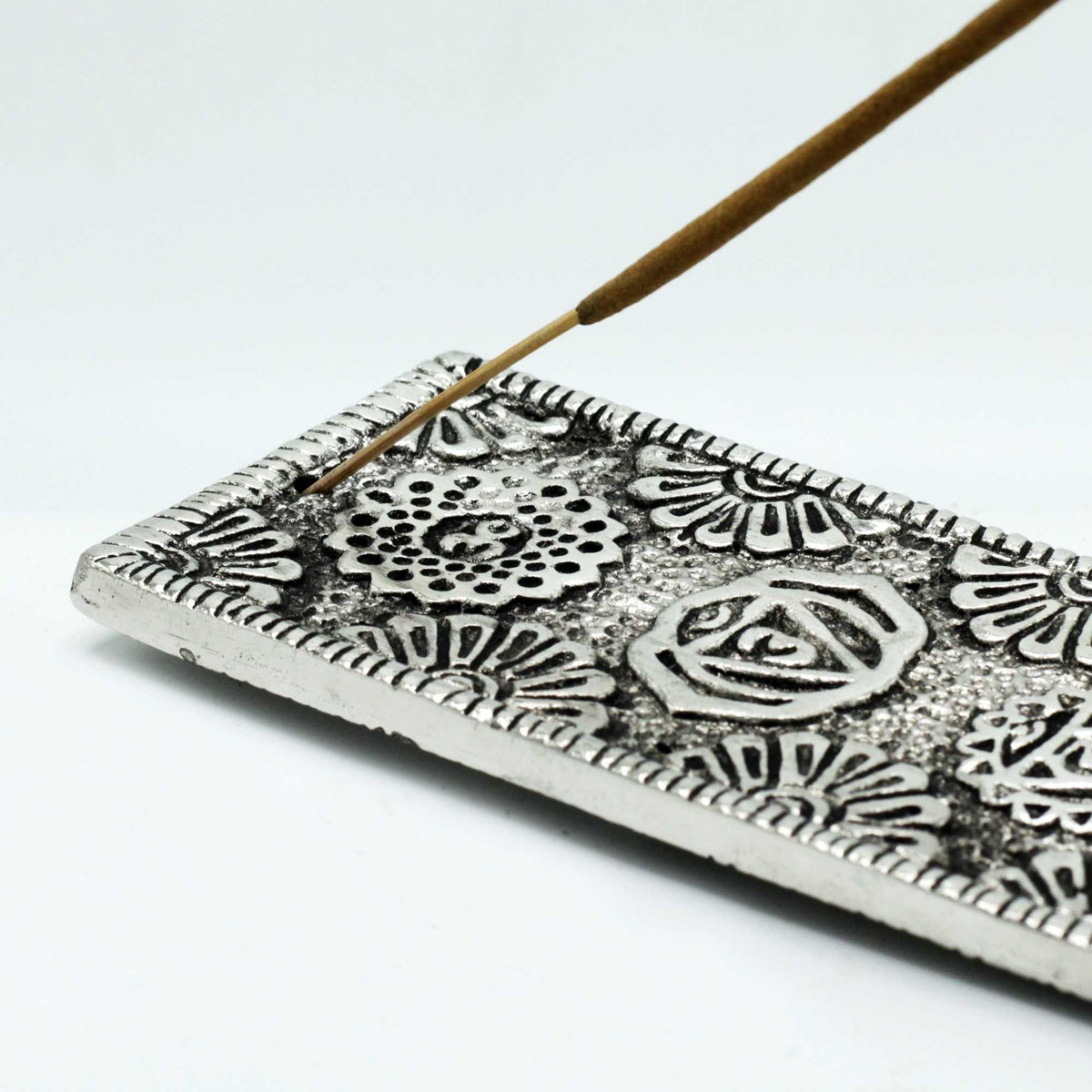 Polished Aluminium Chakra Long Incense Holder 23cm close-up, NooEdge UK