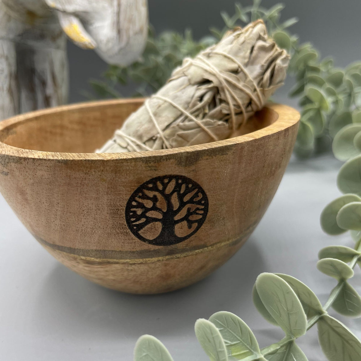 Tree of Life Wooden Smudge & Offering Bowl – front view, NooEdge UK