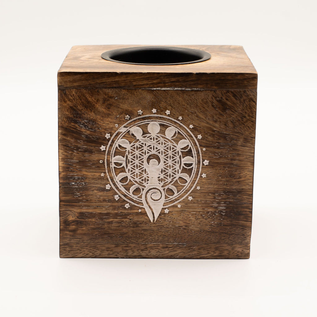 Large Square Mango Wood Oil Burner – Moon Goddess close-up, NooEdge UK