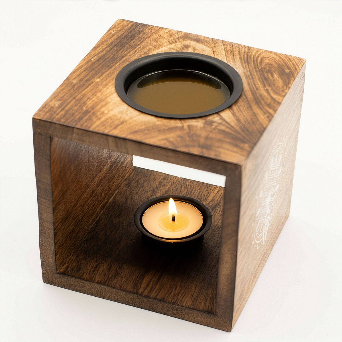 Large Square Mango Wood Oil Burner – Moon Goddess detail, NooEdge UK