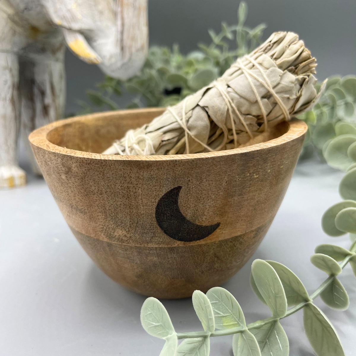 Three Moons Wooden Smudge & Offering Bowl – front view, NooEdge UK