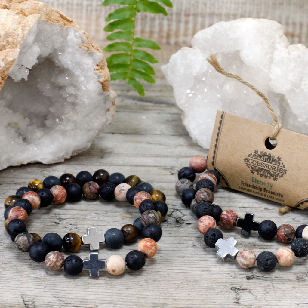 Set of 2 Gemstone Friendship Bracelets – Eternity Leopard Skin Jasper & Lava Stone, NooEdge UK