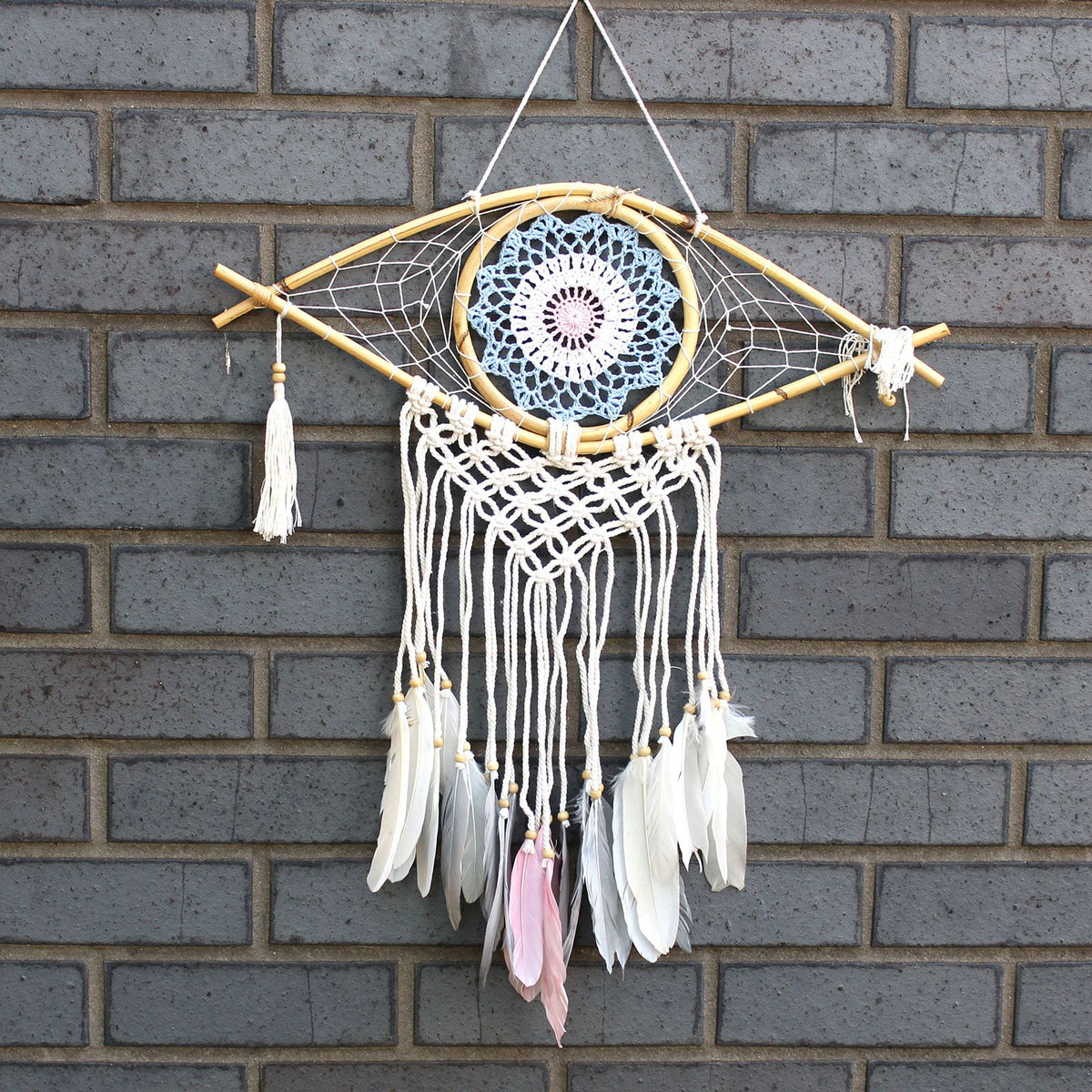 Protection Dream Catcher – Medium Macrame Evil Eye Blue/White/Pink, NooEdge UK