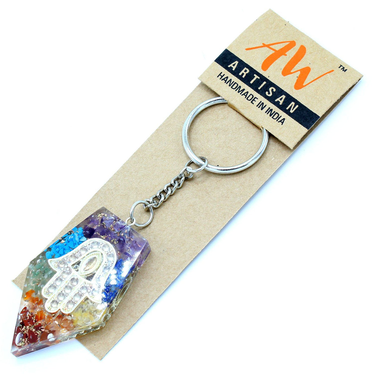 Orgonite Power Keyring – Gemstone Chakra Hamsa, NooEdge UK
