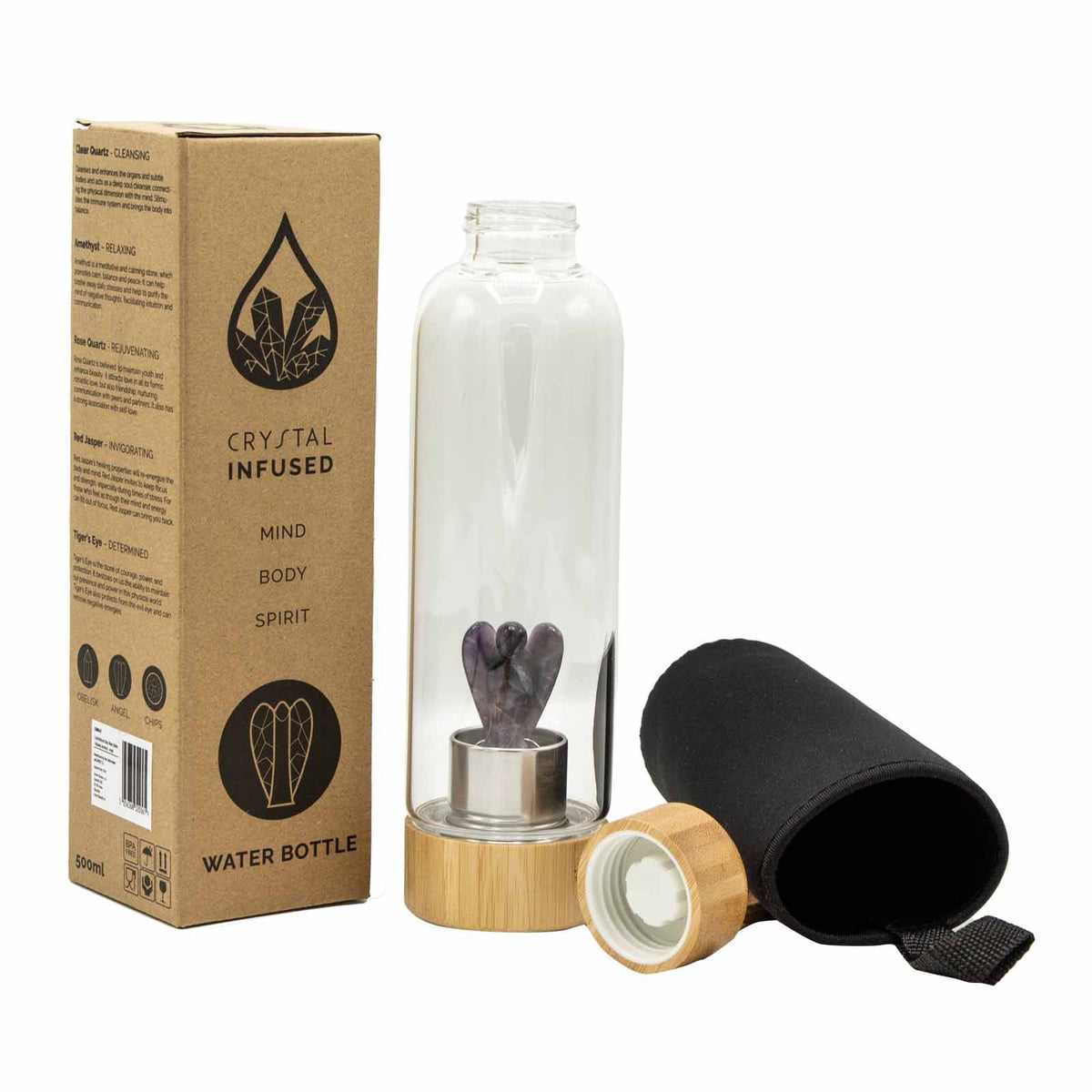 Amethyst Crystal Infused Glass Water Bottle – Angel, NooEdge UK