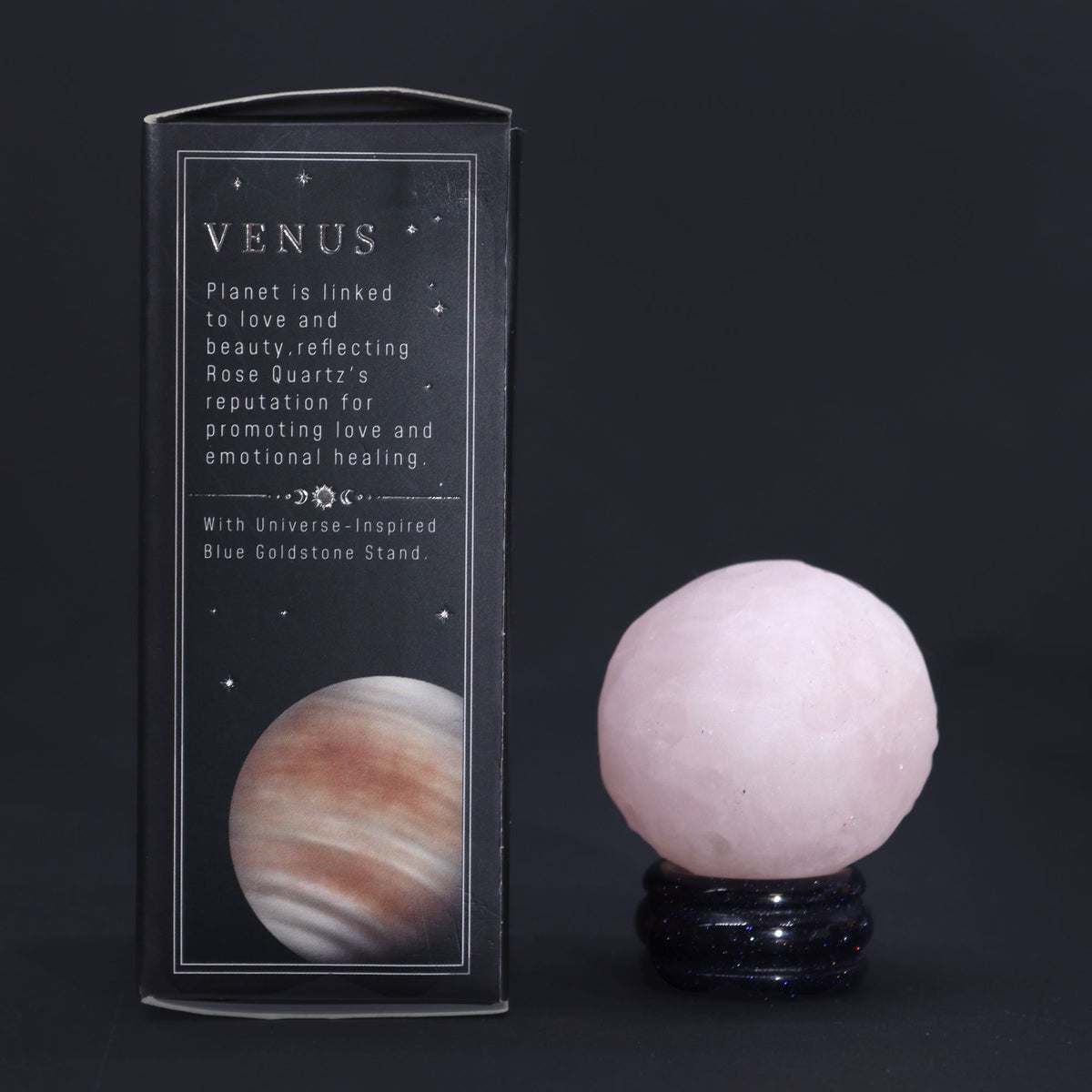 Rose Quartz Venus Planet on Goldstone Stand – front view, NooEdge UK