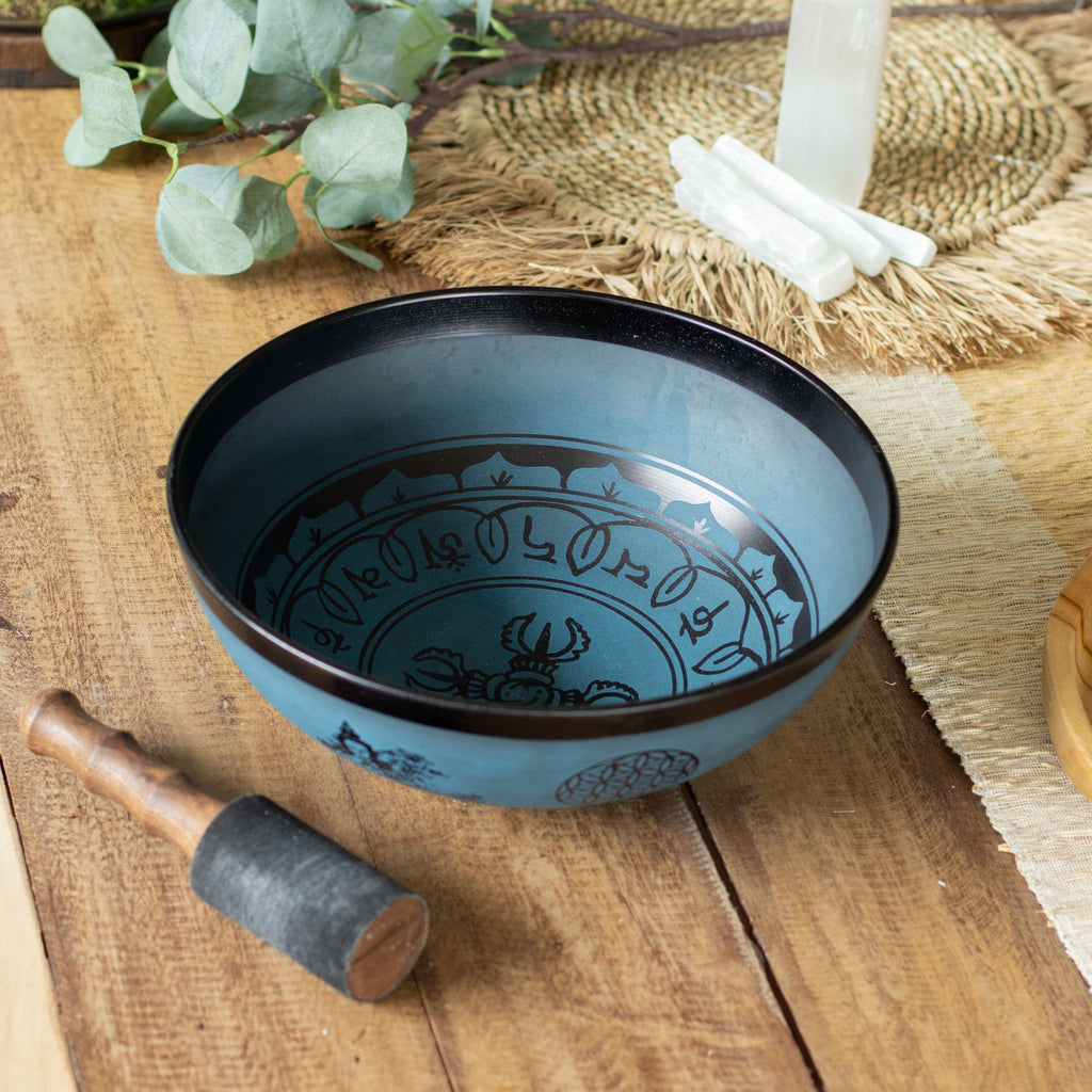 Large Aluminium Singing Bowl – Tibetan Double Dorjy Design Blue (27cm) detail, NooEdge UK