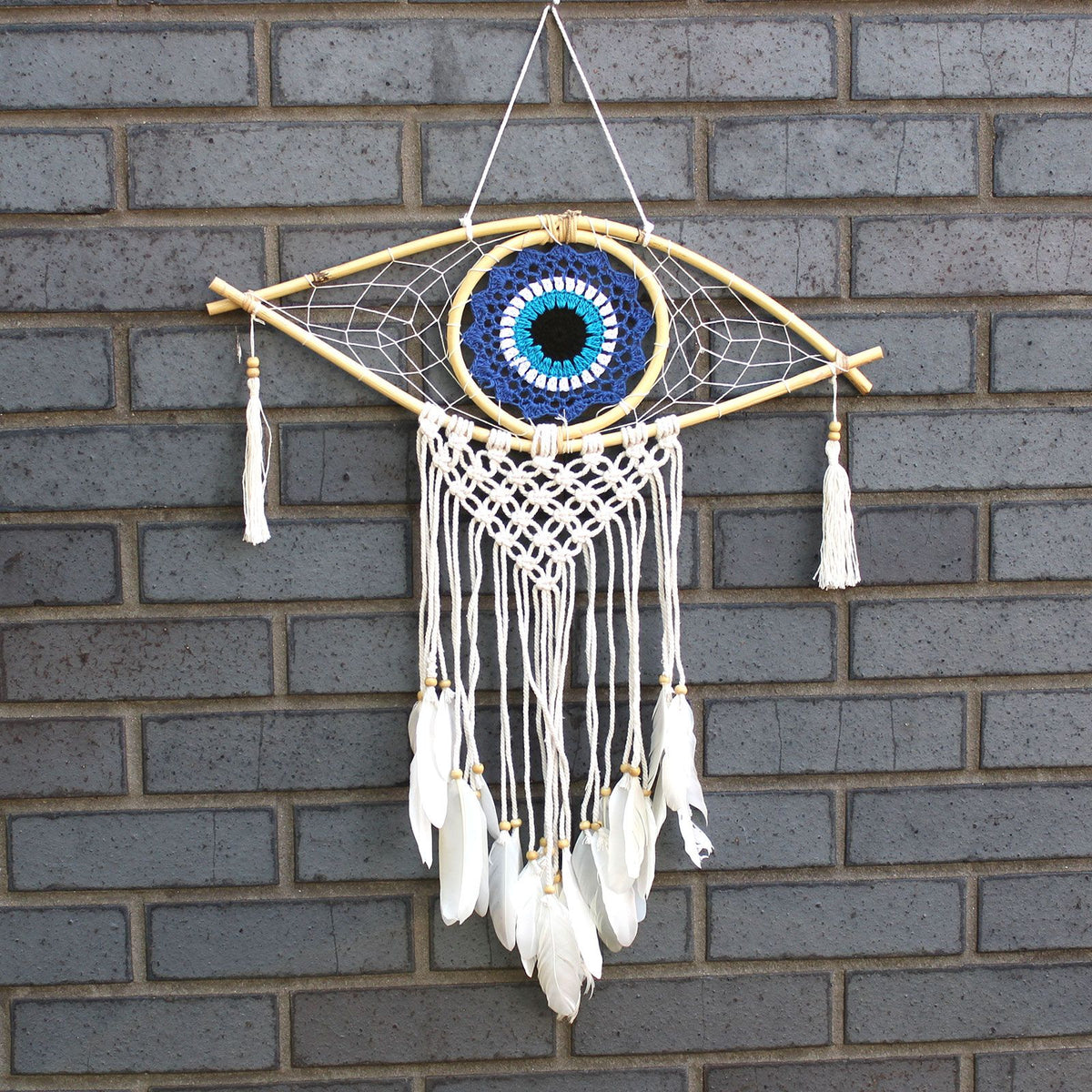Protection Dream Catcher – Medium Macrame Evil Eye Blue/White/Black, NooEdge UK