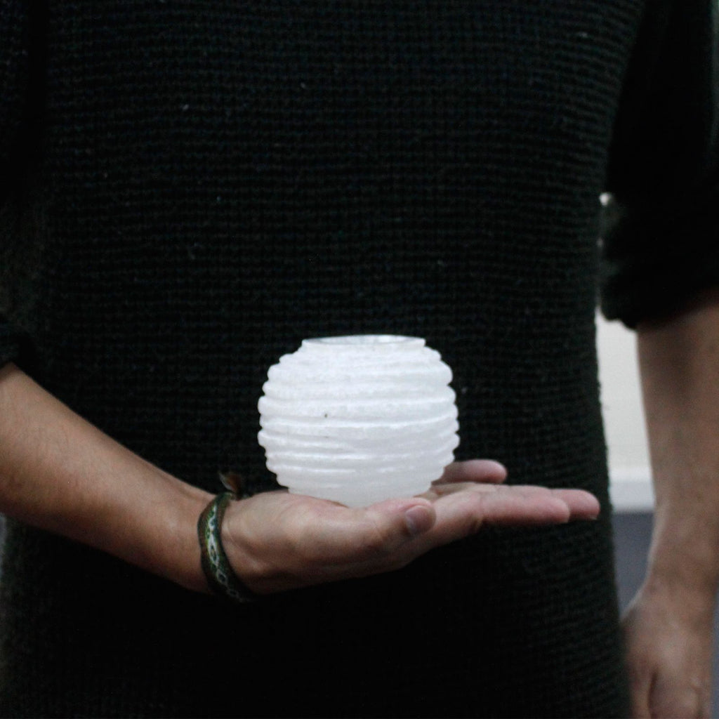 Selenite Snowball Candle Holder – front view, NooEdge UK