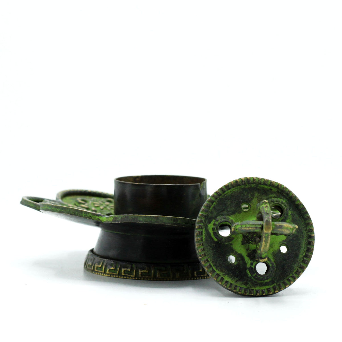 Brass Verdigris Tibetan Cone & Incense Holder – Eight Symbols close-up, NooEdge UK