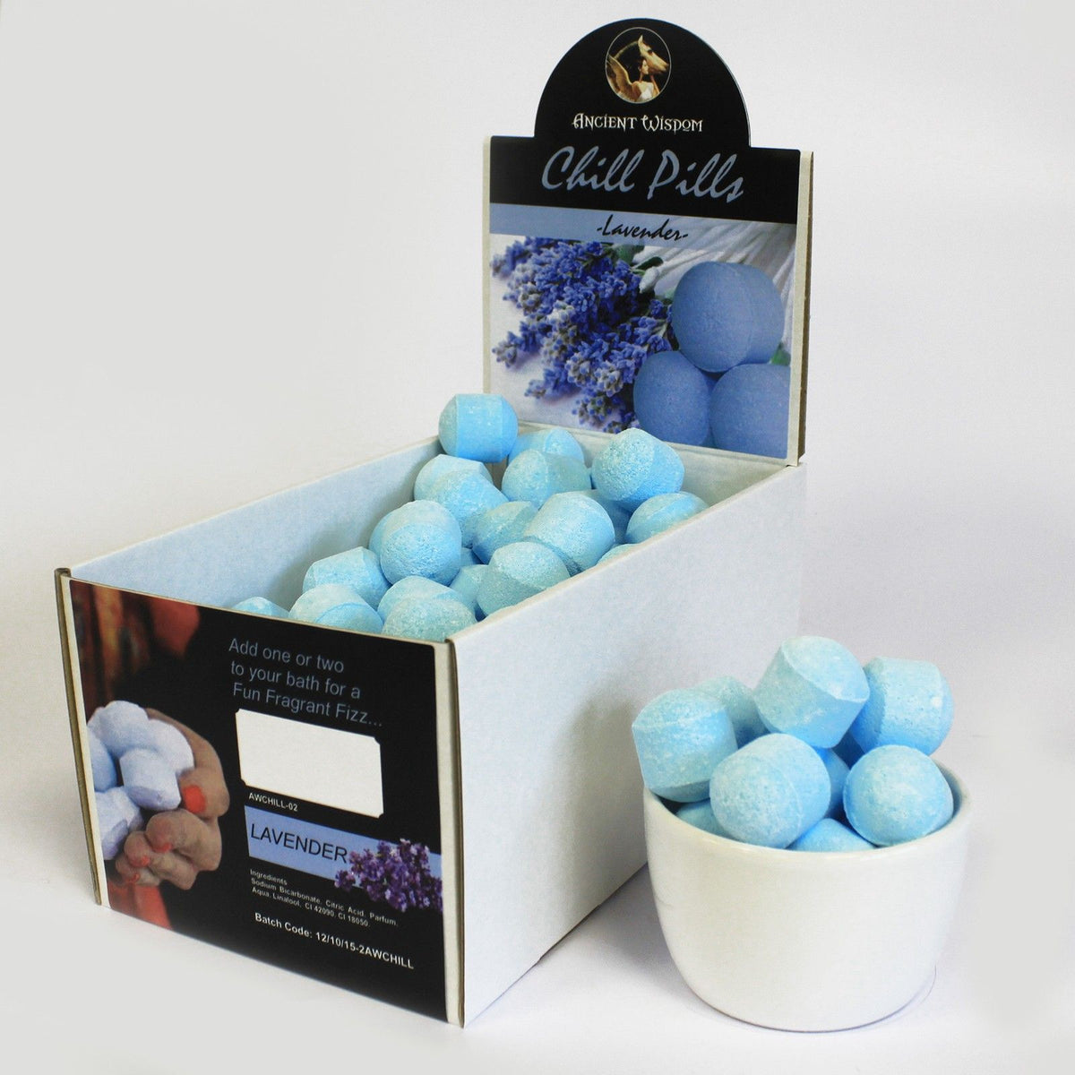 1.3Kg Box of Chill Pills (Mini Bath Bombs) – Lavender close-up, NooEdge UK