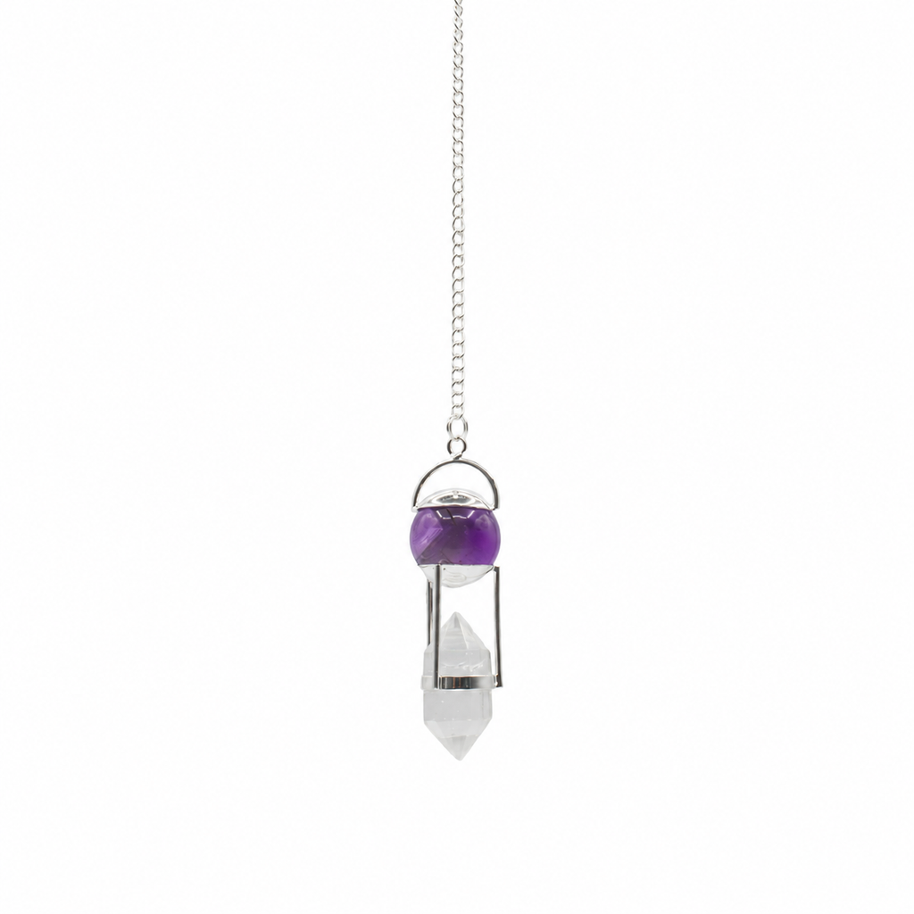 Seeker of Truth – Double Power Pendulum Amethyst Globe Clear Quartz Do close-up, NooEdge UK