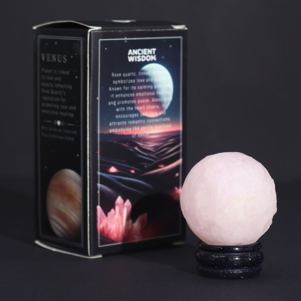 Rose Quartz Venus Planet on Goldstone Stand – alternate angle, NooEdge UK