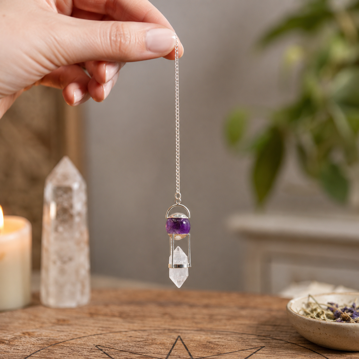 Seeker of Truth – Double Power Pendulum Amethyst Globe Clear Quartz Do alternate view, NooEdge UK