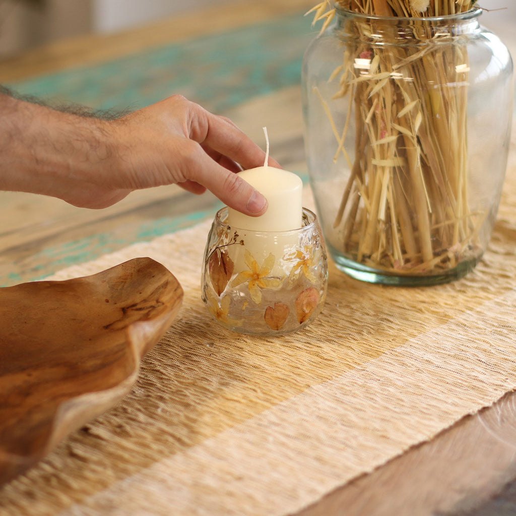 Natural Floral Glass Candle Holder – front view, NooEdge UK