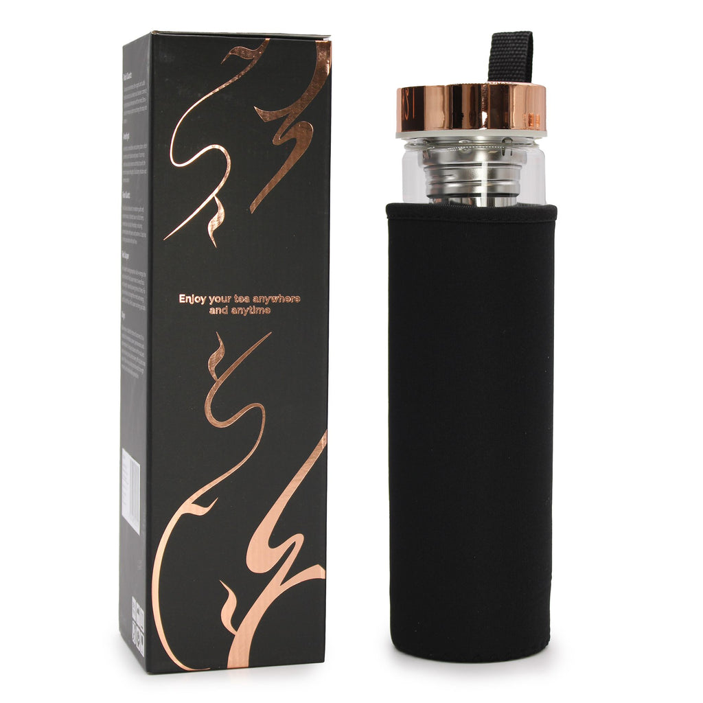 Crystal Glass Tea Infuser Bottle Rose Gold – alternate angle, NooEdge UK
