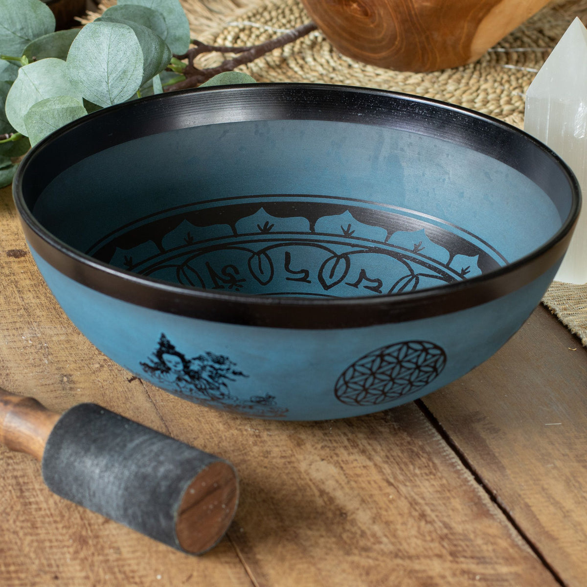 Large Aluminium Singing Bowl – Tibetan Double Dorjy Design Blue (27cm) close-up, NooEdge UK