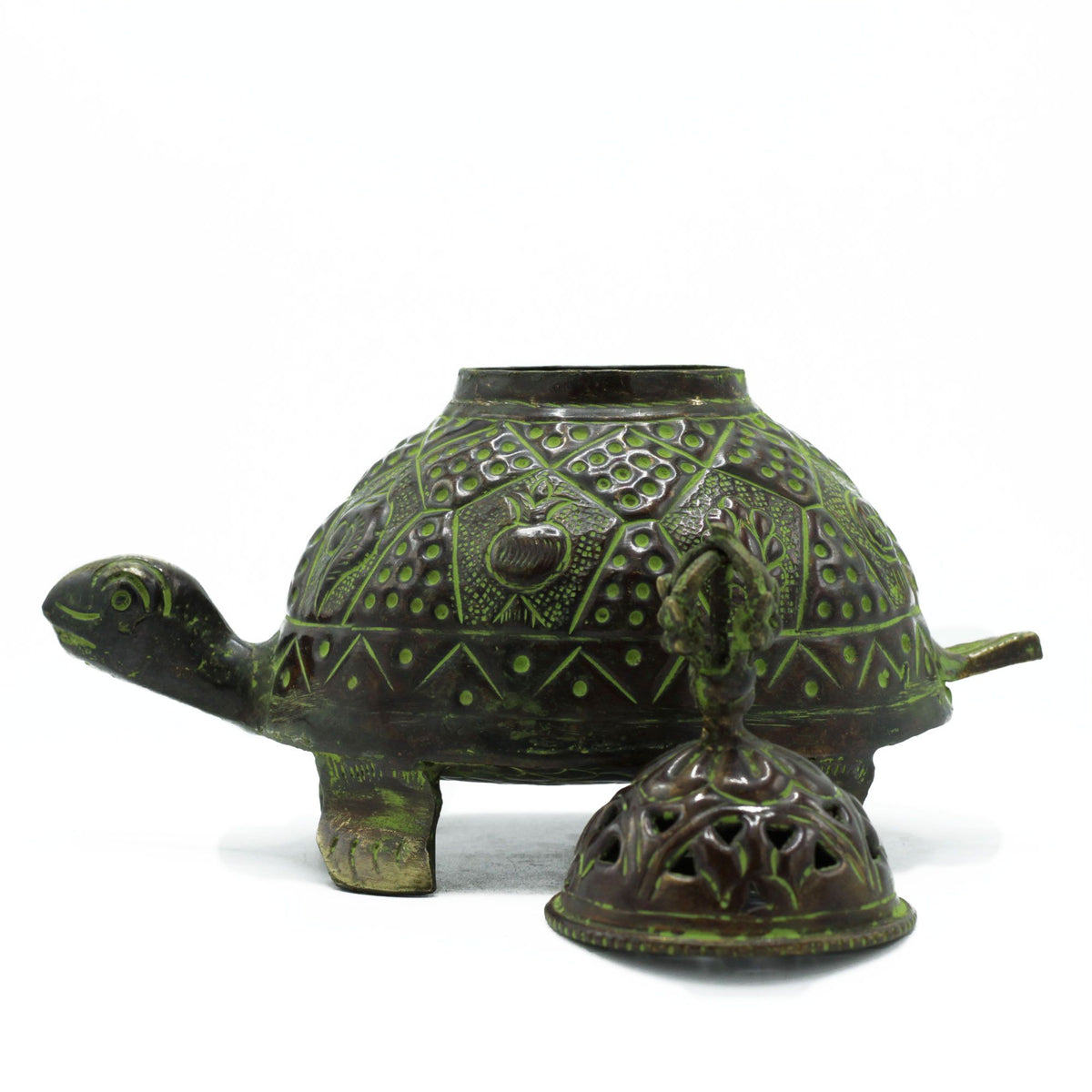 Brass Verdigris Tibetan Turtle Incense Holder – Large close-up, NooEdge UK