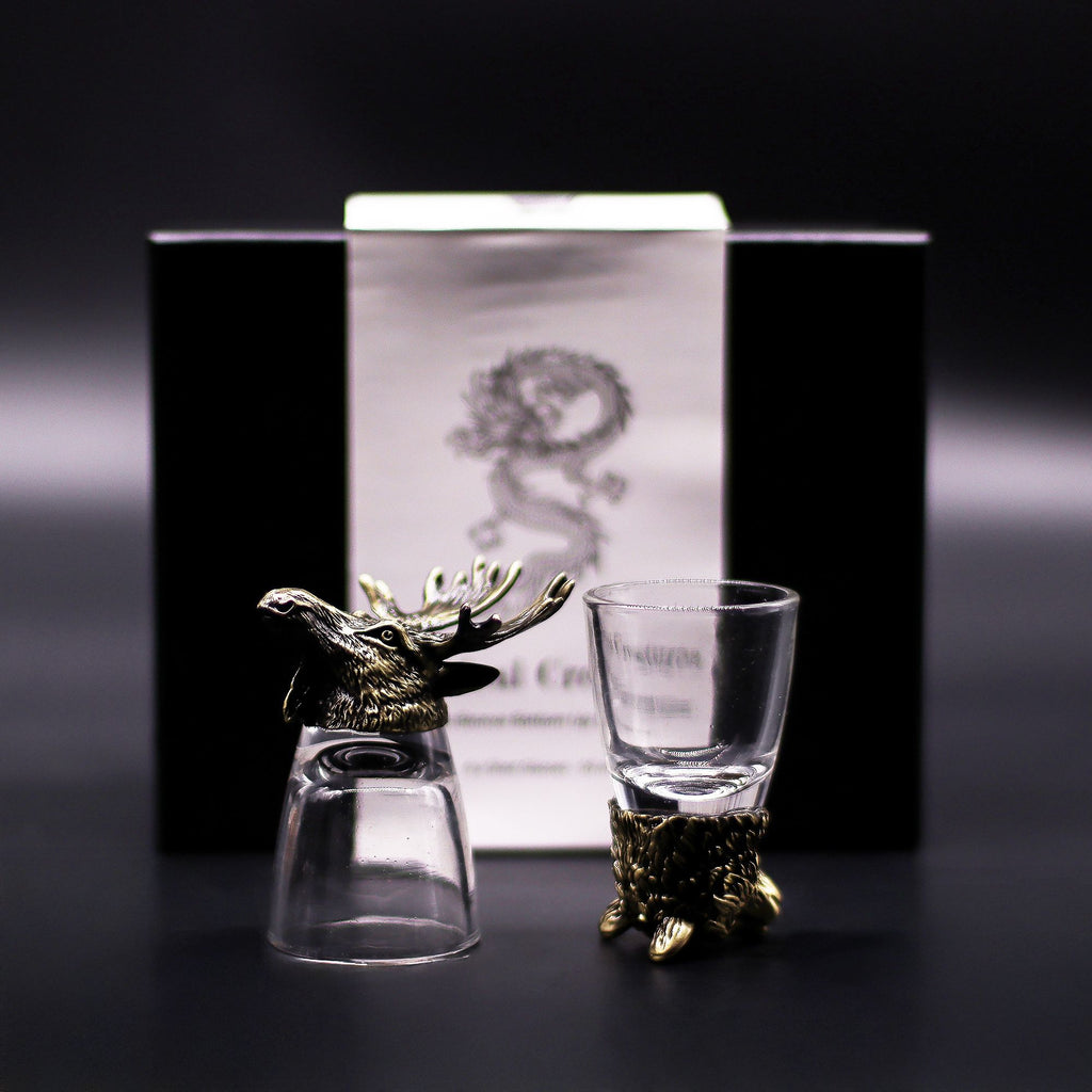 Gift Set of 6 Shot Glasses (50ml) – Wild Forest Creatures Antique Bron close-up, NooEdge UK