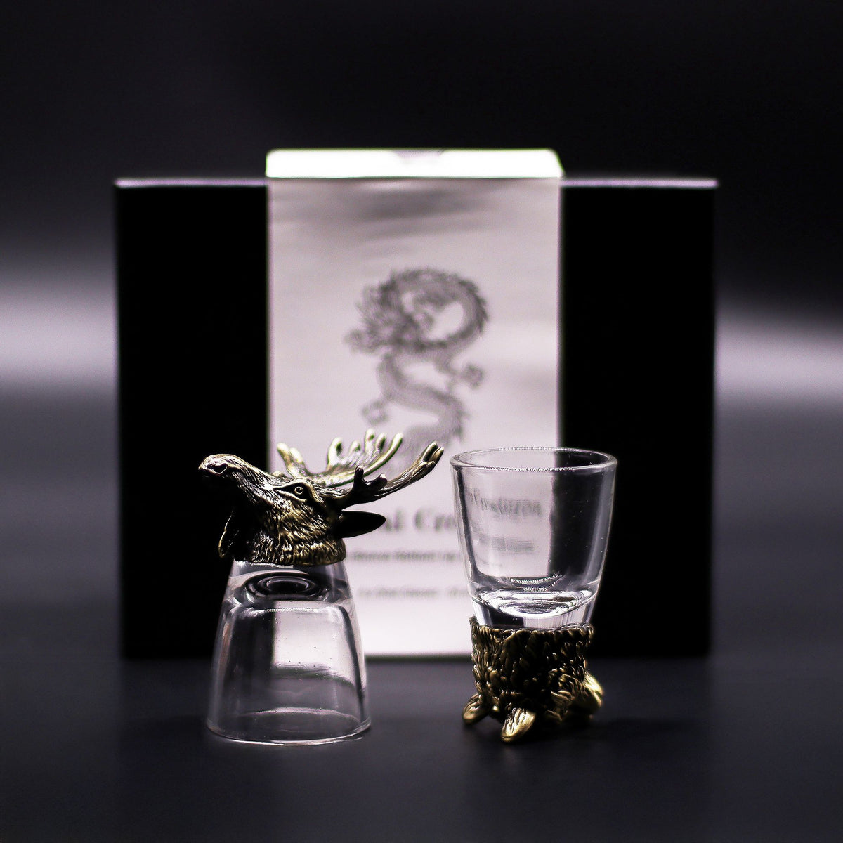 Gift Set of 6 Shot Glasses (50ml) – Wild Forest Creatures Antique Bron close-up, NooEdge UK