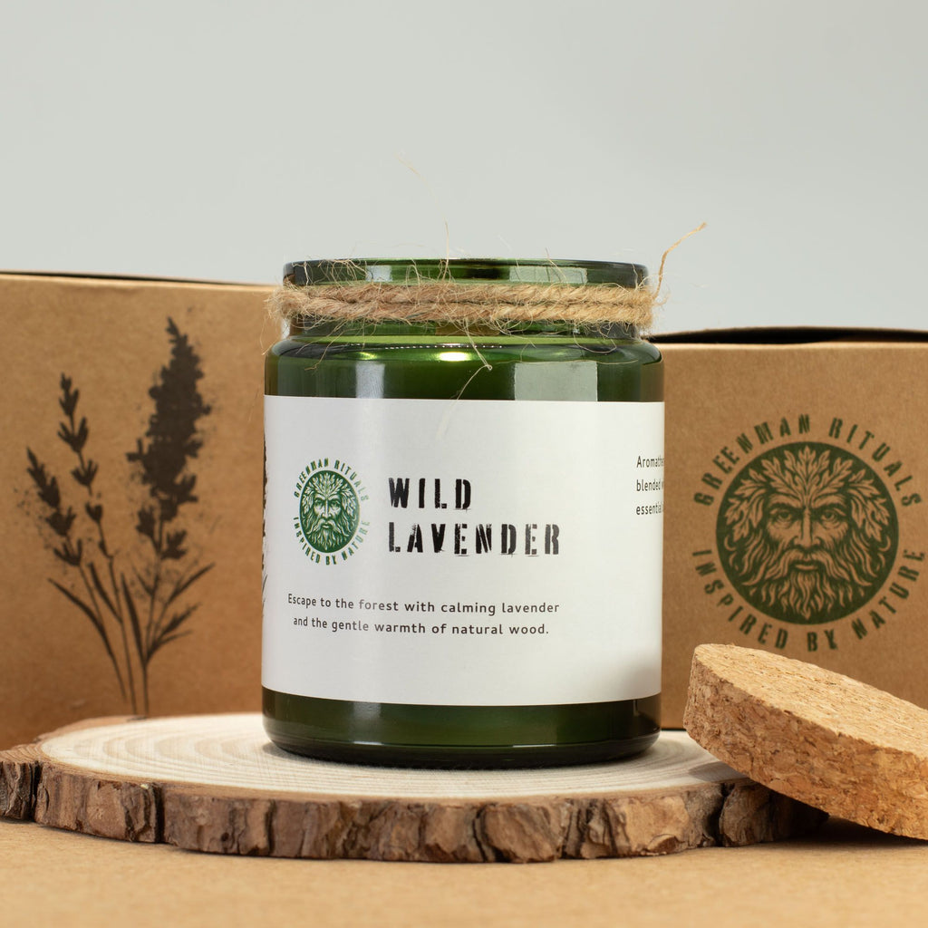 Greenman Woodwick Soy Candle – Wild Lavender close-up, NooEdge UK