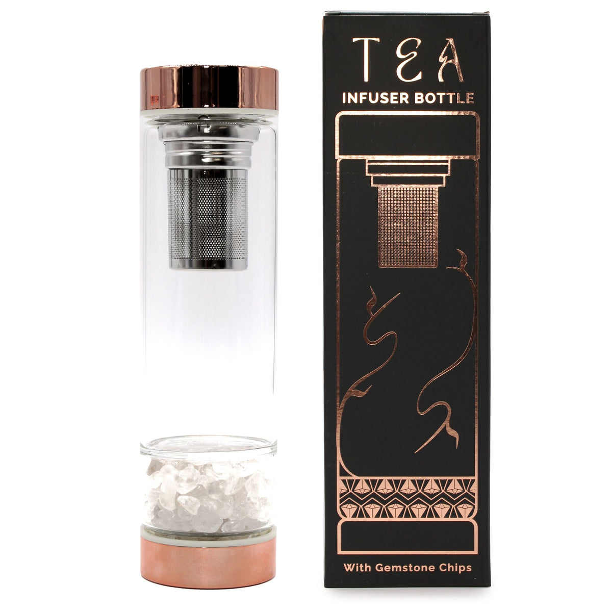 Crystal Glass Tea Infuser Bottle Rose Gold – Rock Quartz, NooEdge UK