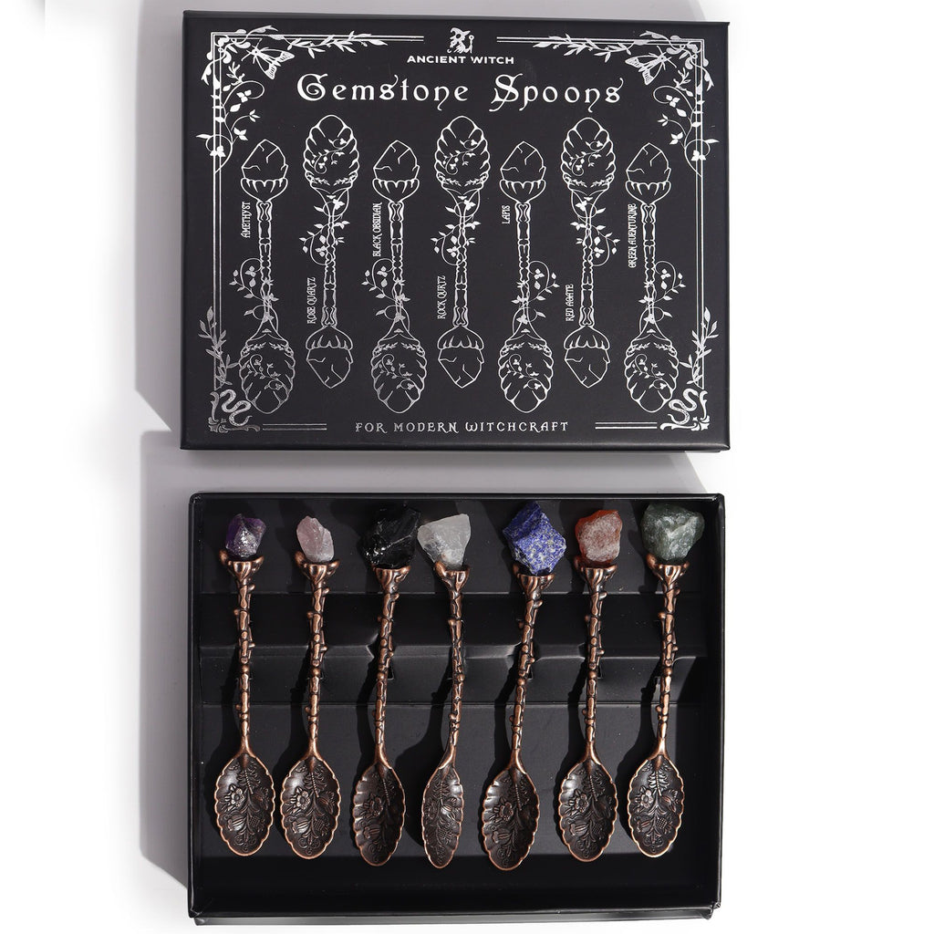 Set of 7 Bronze Gemstone Crystal Witch Spoons, NooEdge UK
