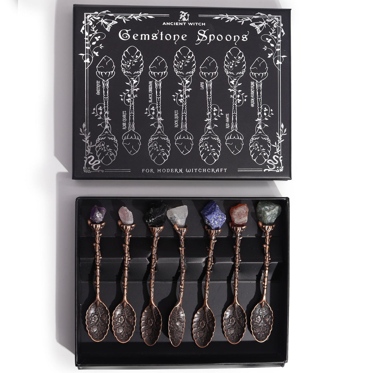 Set of 7 Bronze Gemstone Crystal Witch Spoons, NooEdge UK