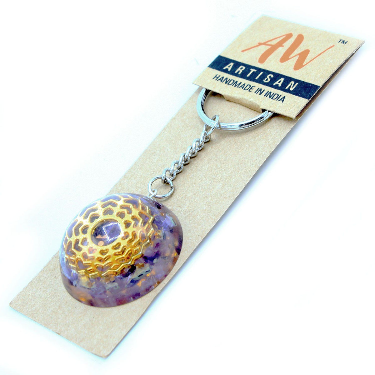 Orgonite Power Keyring – Amethyst Mandala Hearts, NooEdge UK