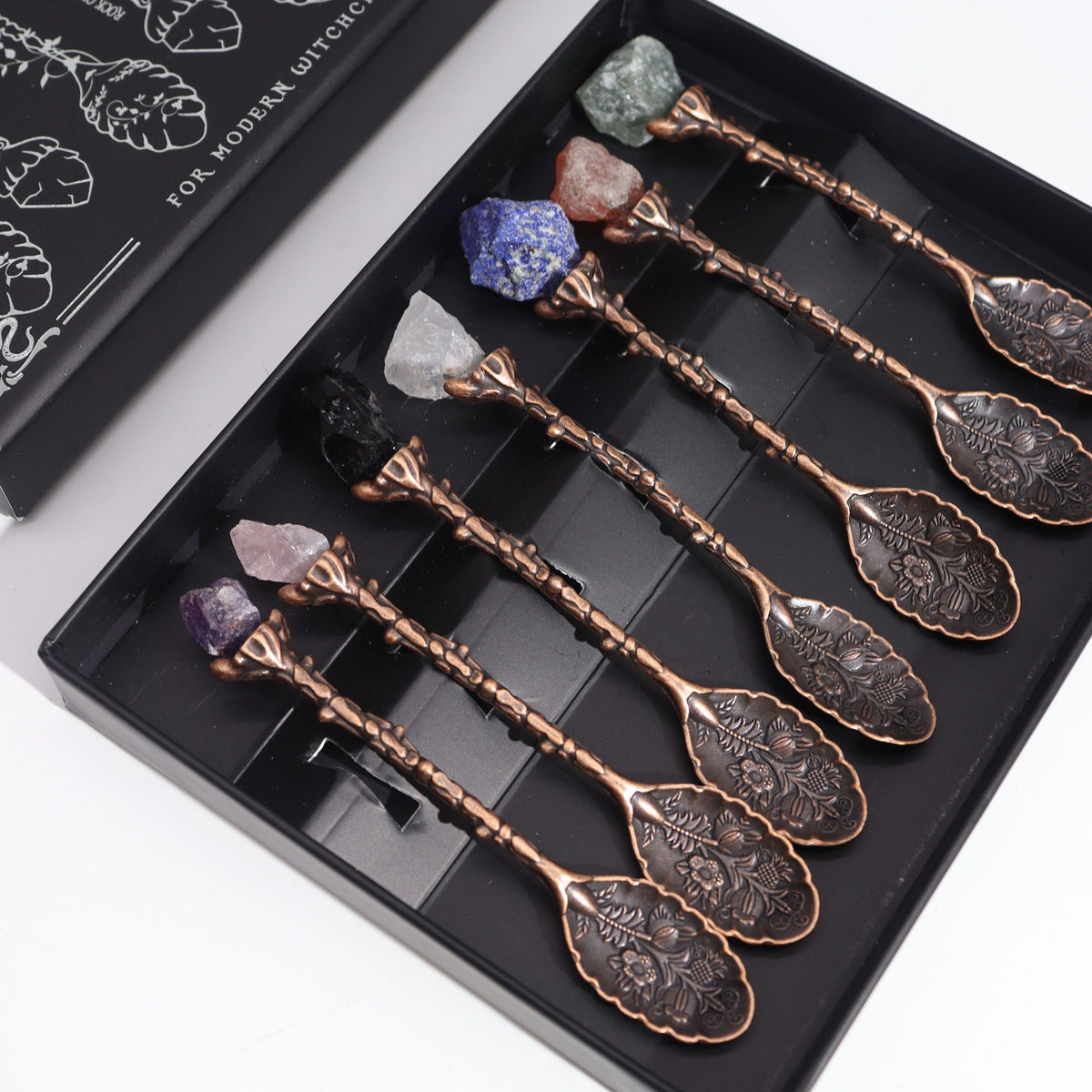 Set of 7 Bronze Gemstone Crystal Witch Spoons – alternate angle, NooEdge UK