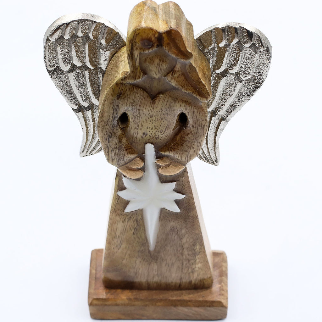 Large Mango Wood Angel with Metal Wings – alternate angle, NooEdge UK