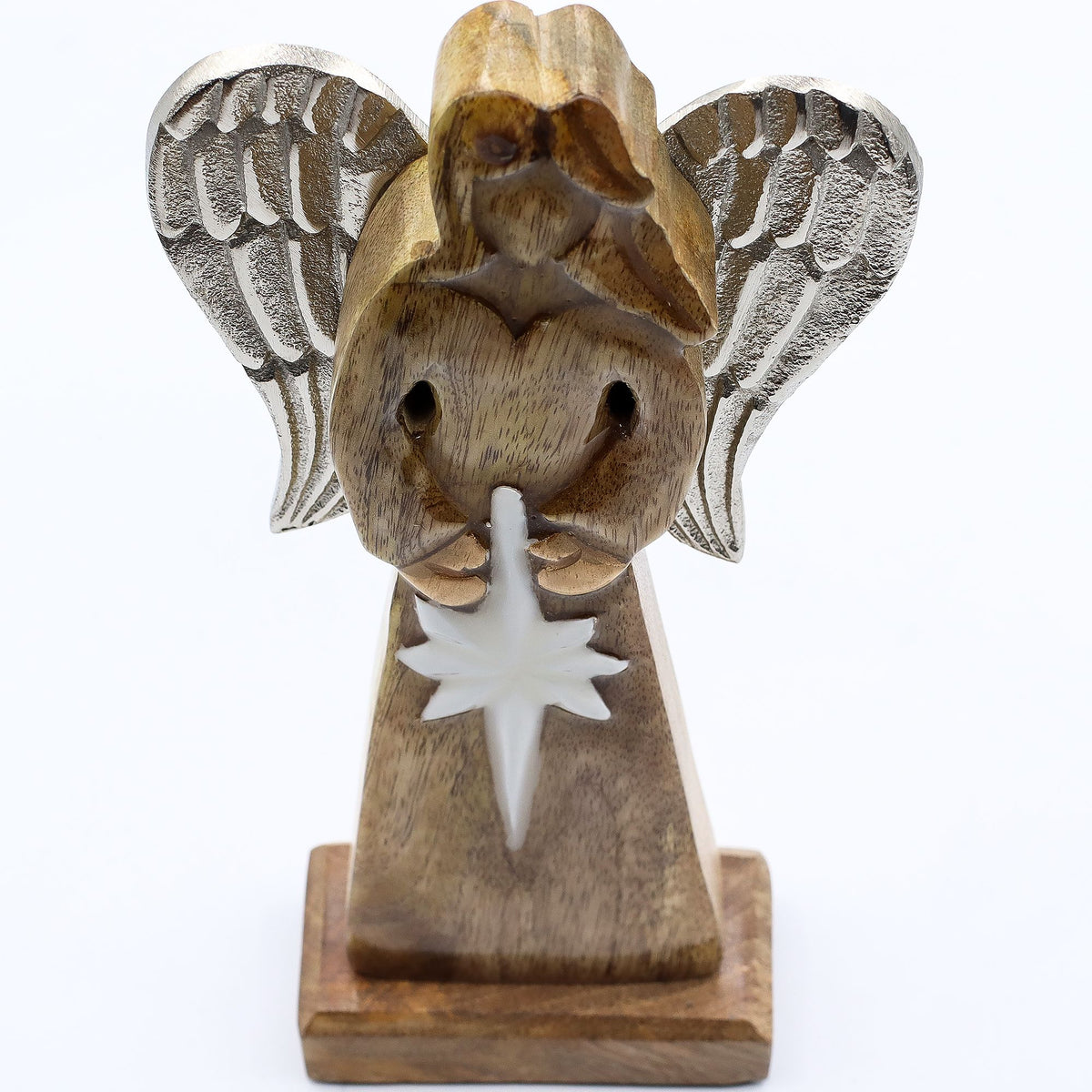 Large Mango Wood Angel with Metal Wings – alternate angle, NooEdge UK