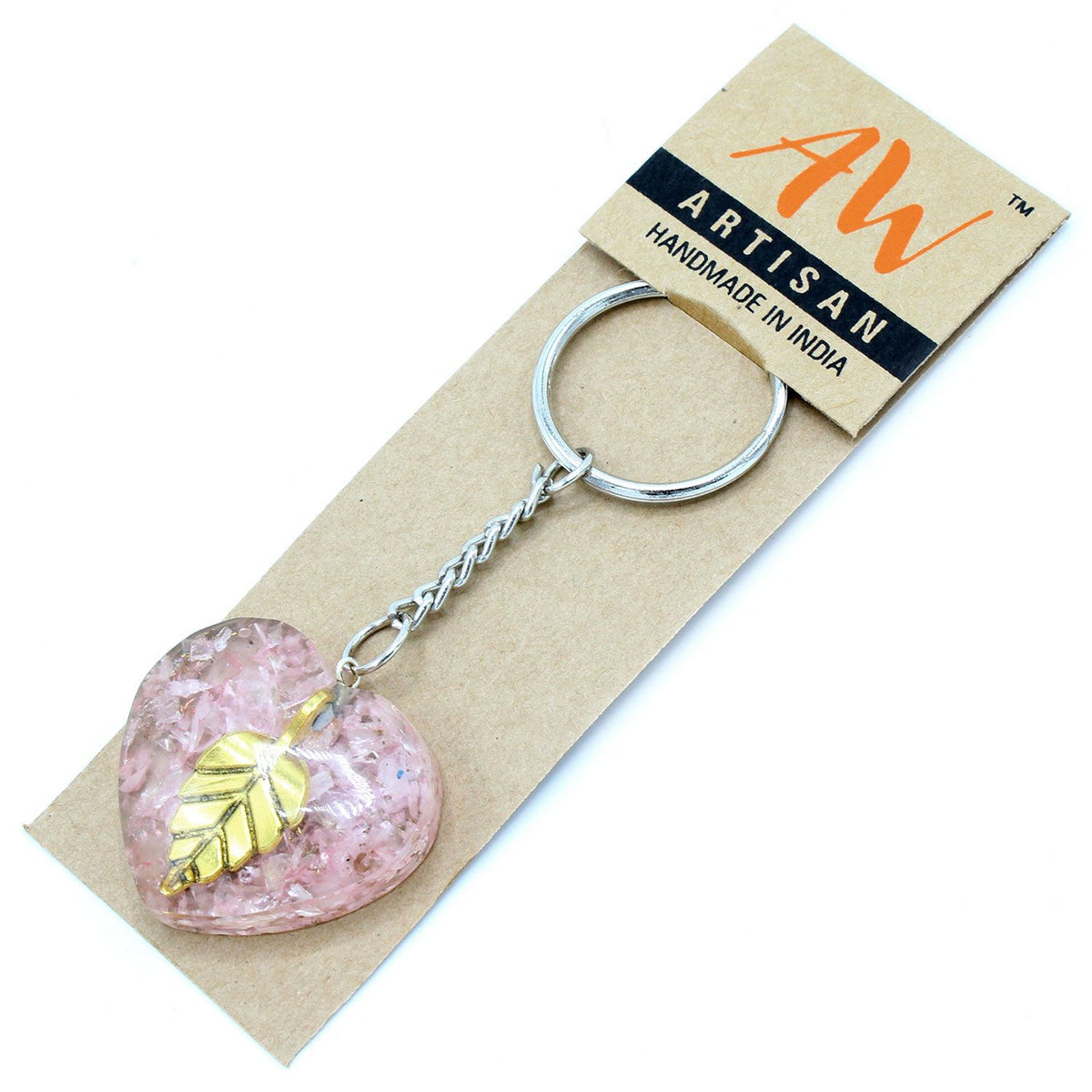 Orgonite Power Keyring – Rose Quartz Heearts Golden Leaf, NooEdge UK