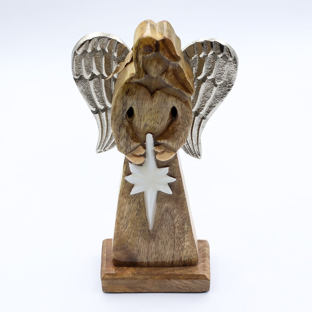 Large Mango Wood Angel with Metal Wings – front view, NooEdge UK